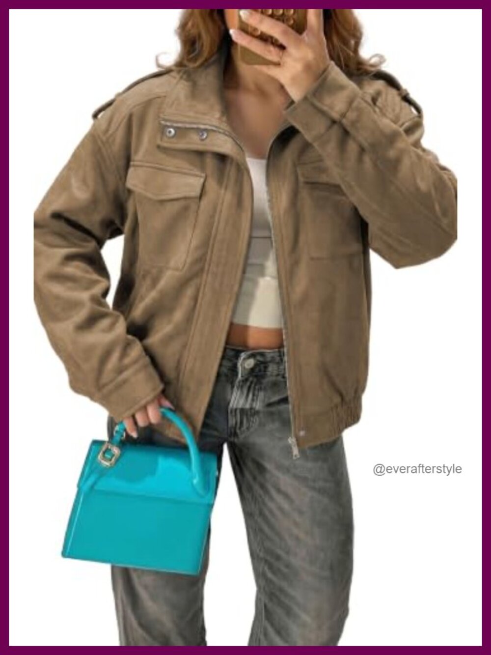 Faux Suede Bomber Jacket Cropped Long Sleeve Zip Up Casual Coat